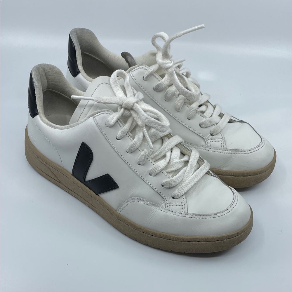 Veja White Sneakers with Black V Logo and Tan Sole